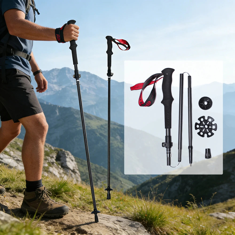 Local+ Ultralight Carbon Fiber Trekking Poles Outdoor Hiking Cane Folding Telescopic Nordic Mountain Climbing Pole Walking Stick