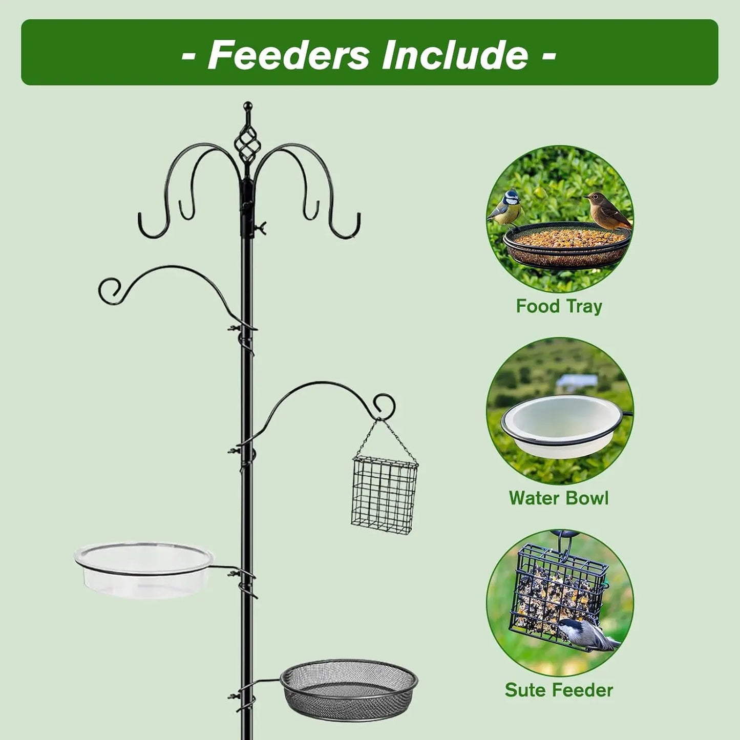 90.55in 6-Hook Bird Feeder Stand with Water Tray, Easy Assembly for Outdoor Gardens (Black)