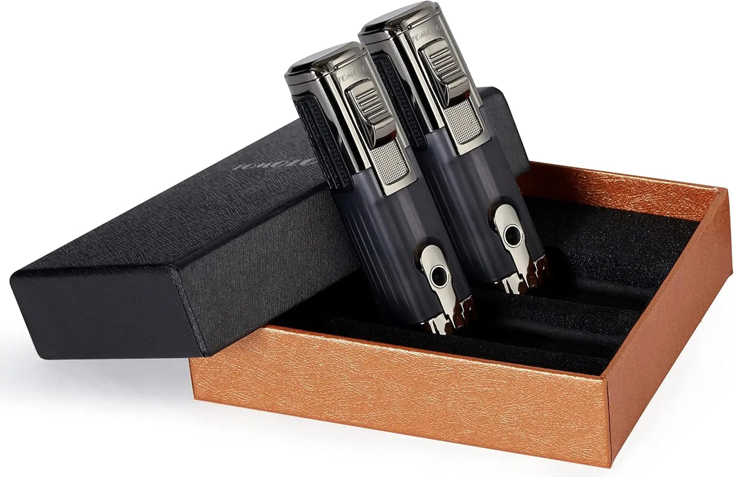 Triple Jet Flame Torch Lighter Refillable Butane with Cigar Punch, 2 Pack Charcoal
