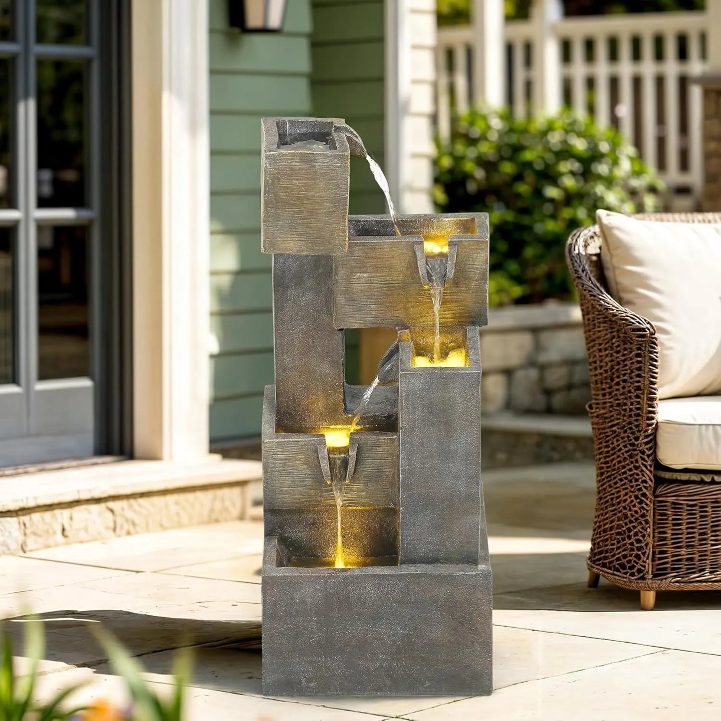 32.5" Modern Outdoor Water Fountain with LED Lights, 5-Tier Stacked Blocks for Garden, Patio, Backyard Relaxation