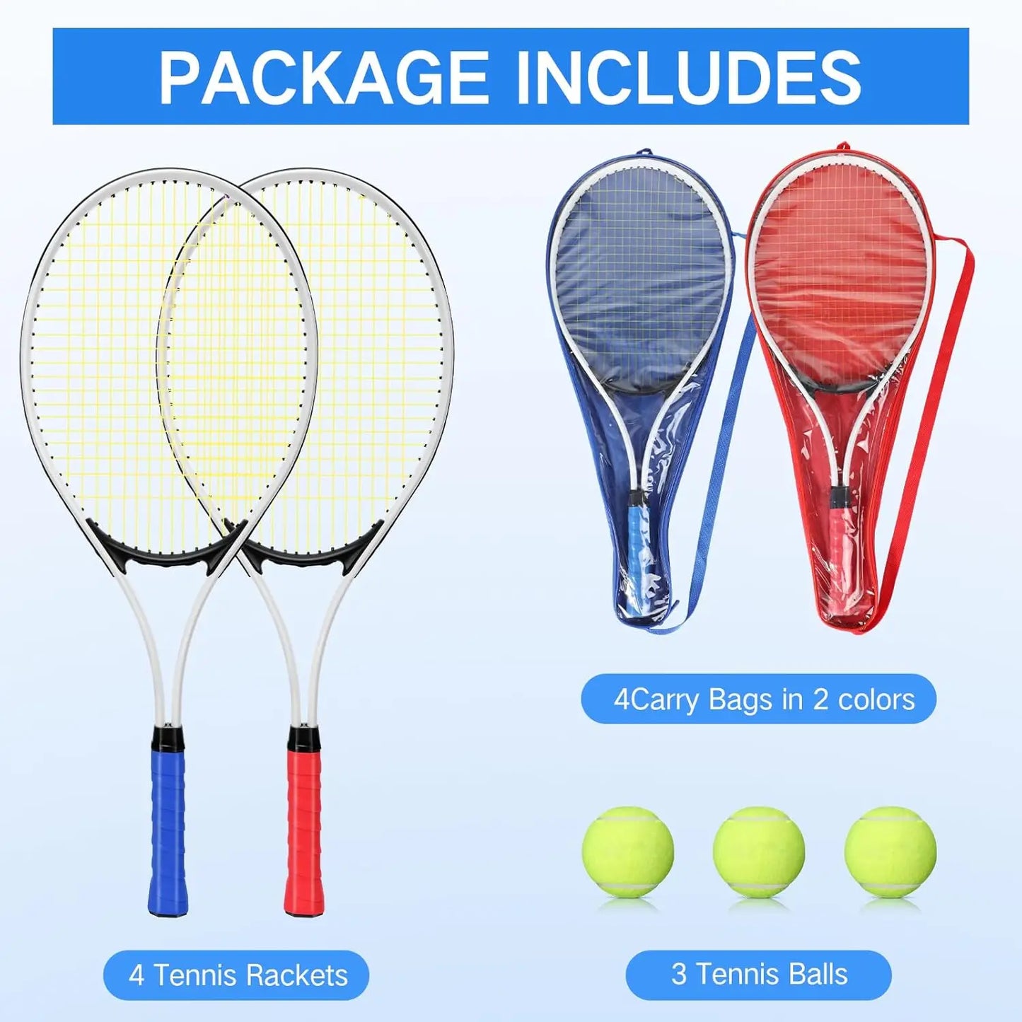 4 Adult Tennis Rackets with Balls, Lightweight 27" Racquet for Training Beginners, Includes Bag