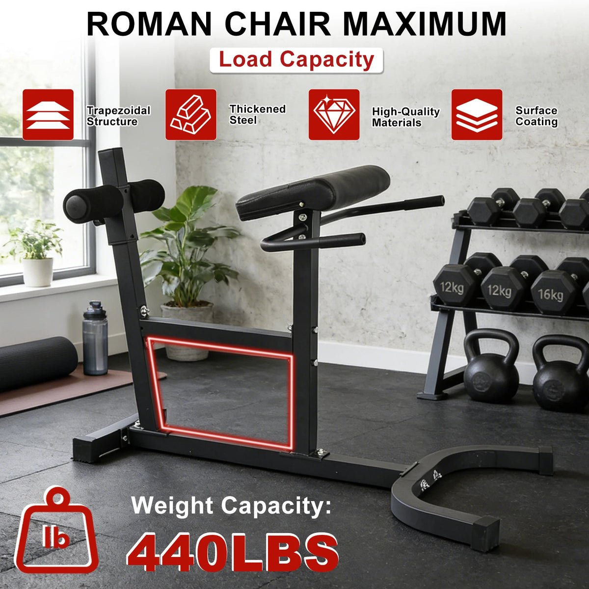 Roman Chair Hyperextension Bench, Adjustable 6-Level Back Extension Machine for Home Gym, Foldable Workout Equipment for Glutes Hamstrings Lower Back Core Hips Abs, Heavy Duty 440 LBS Weight Capacity