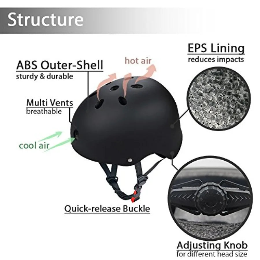 Skateboard Protection Pads Set with Helmet for Youths BMX Cycling Rollerblading Black 6pcs Elbow Knee Wrist Pads Head M 20.5-22