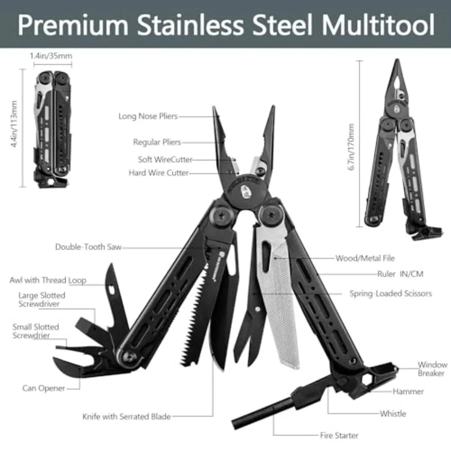 19 In 1 Pocket Multi Tool Stainless Steel Multitools Pliers with Fire Starter and Glass Breaker Folding EDC Camping Survival To