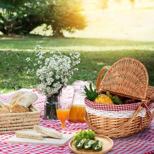 Picnic Basket with Blankets and Bamboo Plates Picnic Supplies Set Basket with Lid and Handle Wicker Picnic Basket Sturdy Woven B