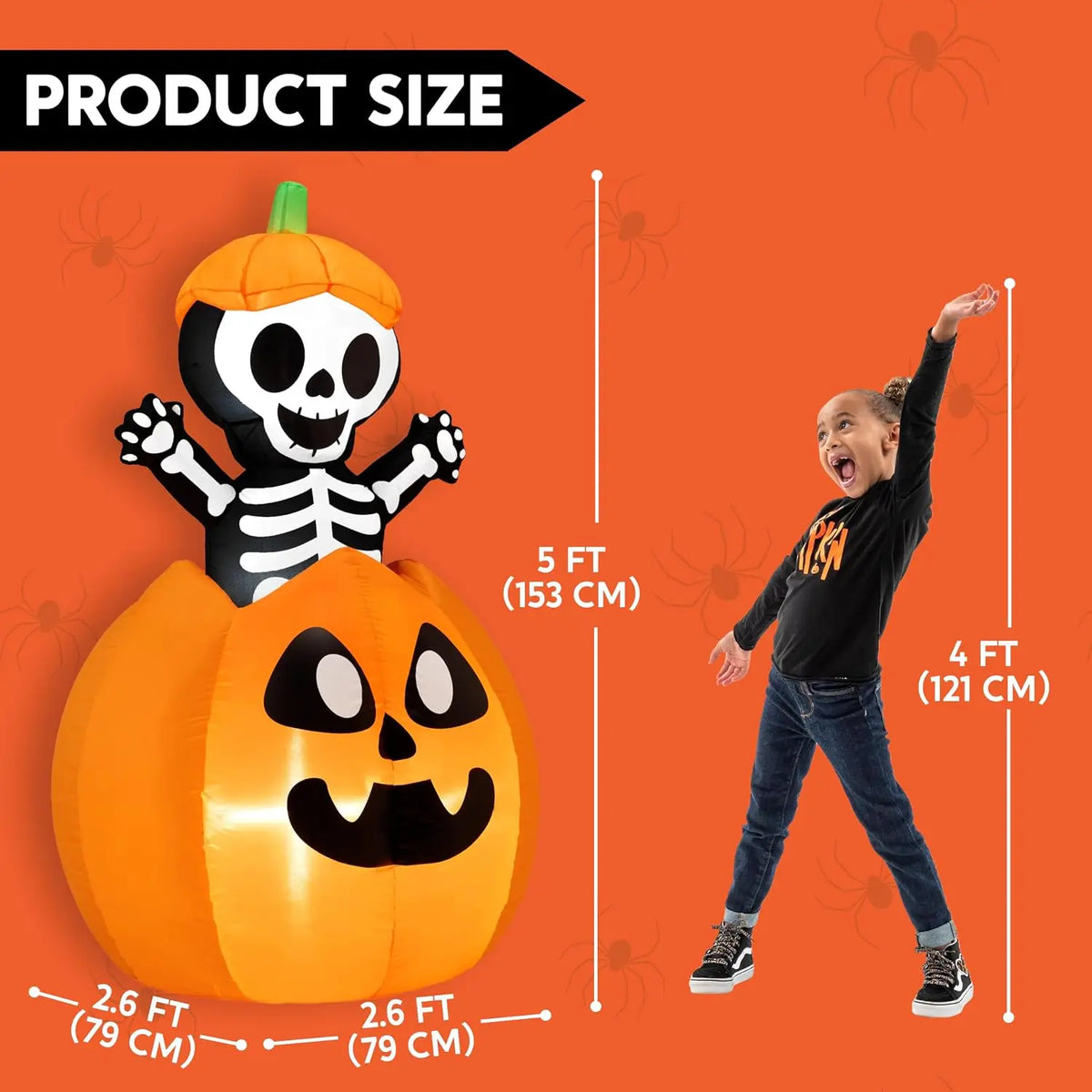 5FT Halloween Animated Inflatables Outdoor Decorations, Inflatable Skeleton On Pumpkin with LEDs, Cute Blow Up Pumpkin Skeleton Decor for Outside Yard Indoor Lawn Garden Party Decoration