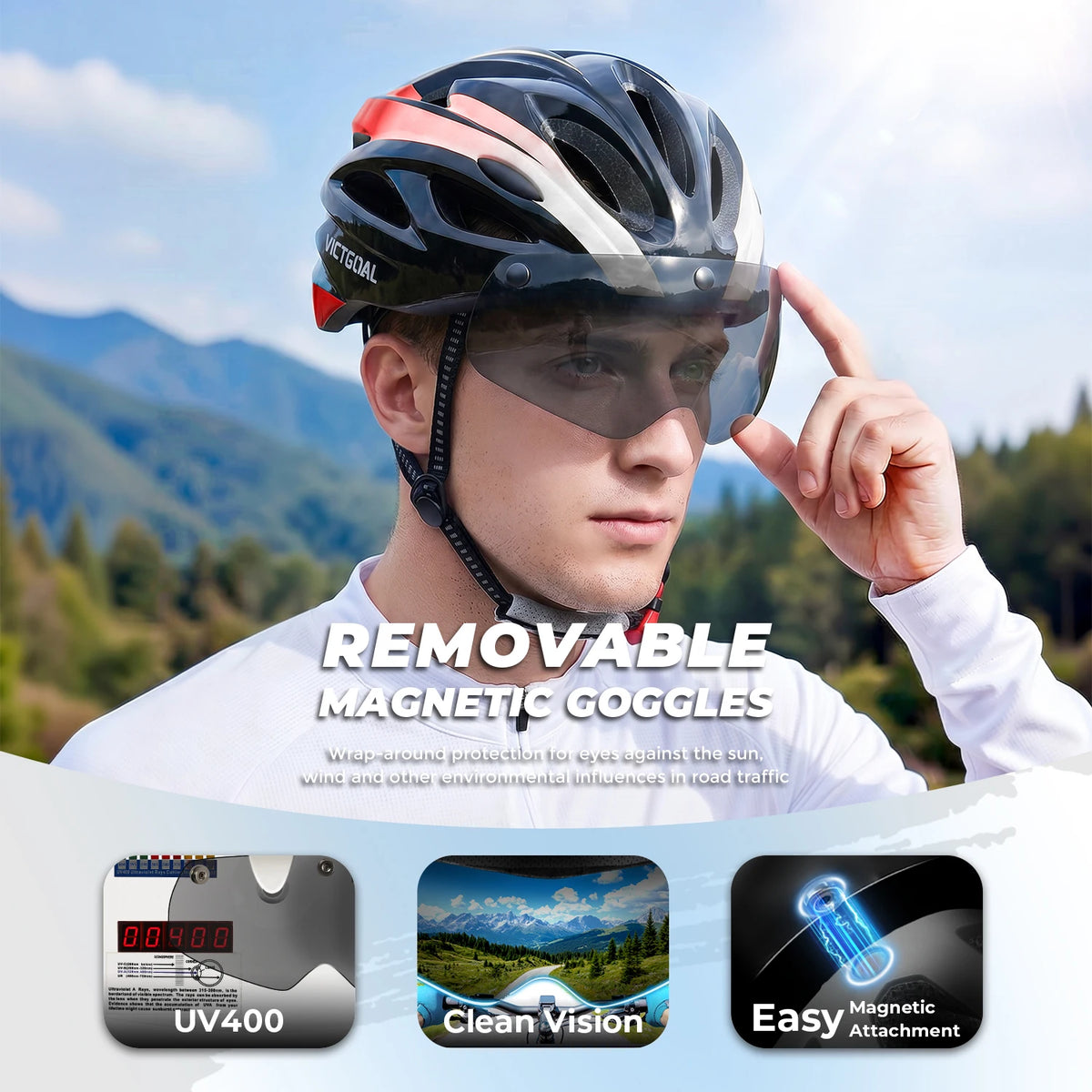 VICTGOAL Bike Helmet for Adults with Light and Goggles Lightweight MTB Road Bicycle Helmets for Men Women Cycling Ebike Scooter