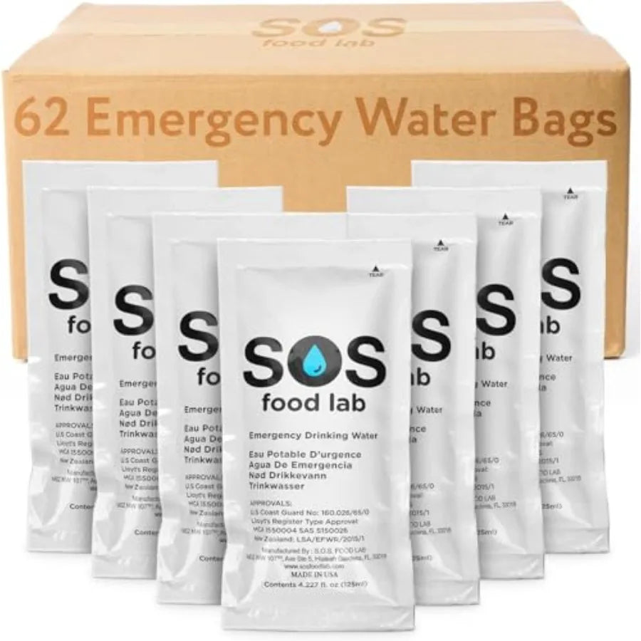 SOS Food Lab Emergency Water Pouches - 2 Gallons 4.2 Fl Oz Each - Triple Purified UV Sterilized Filtered Drinking Water for Dis