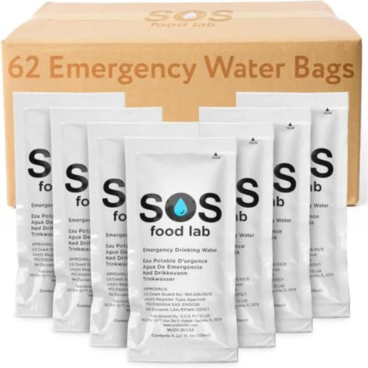 SOS Food Lab Emergency Water Pouches - 2 Gallons 4.2 Fl Oz Each - Triple Purified UV Sterilized Filtered Drinking Water for Dis