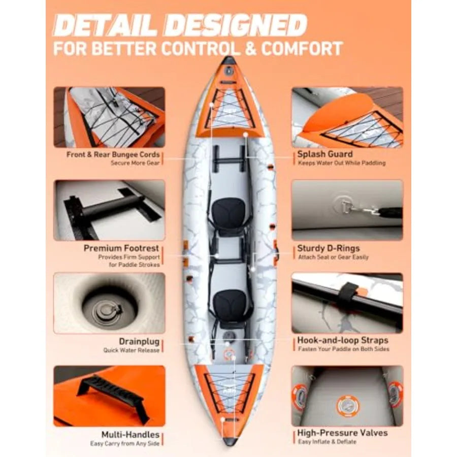 Tandem Fishing Kayak For Adults, Inflatable Portable Touring Canoe With Dual Floats, Drop-Stitch Floor And Fish Measuring Ruler