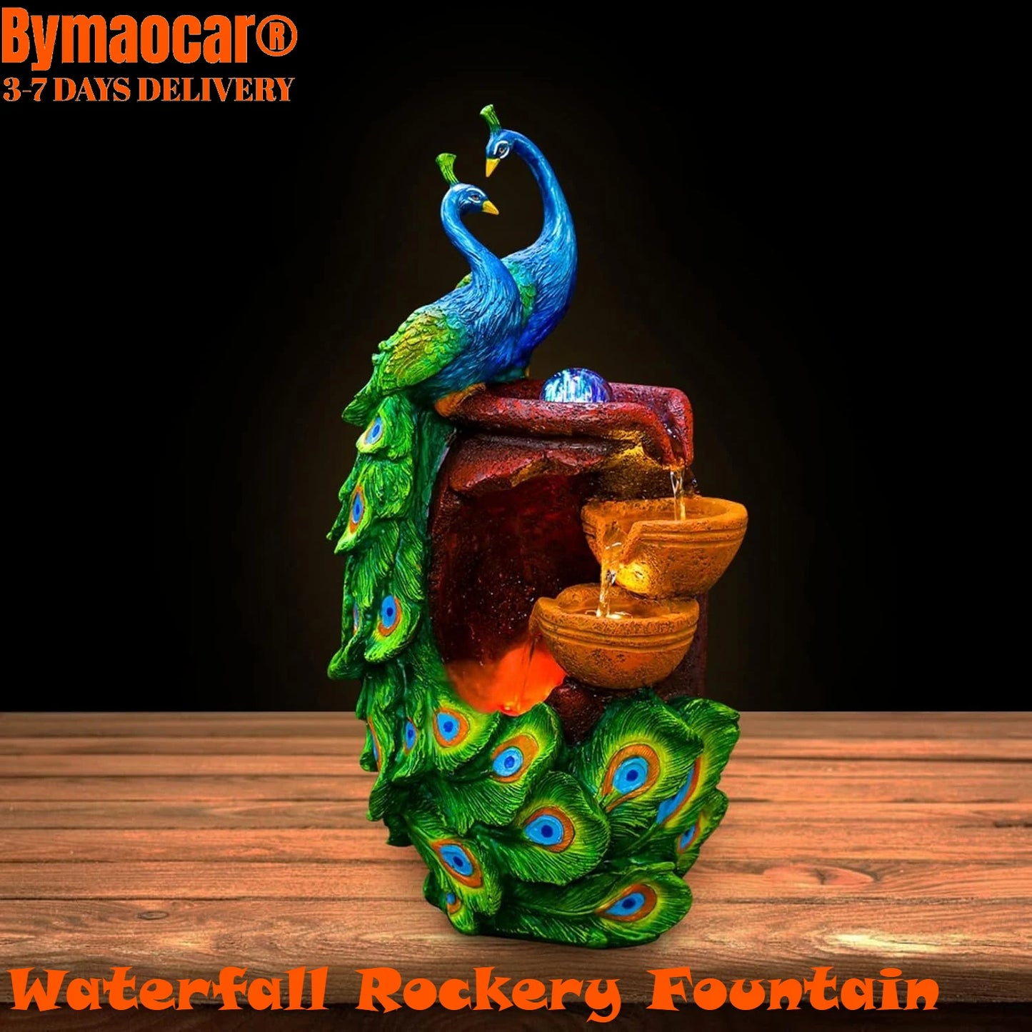 Peacock Tabletop Fountain, 21" Animal Statue Bonsai Waterfall Elegant with LED Crystal Ball for Meditation, Good Luck, Fortune