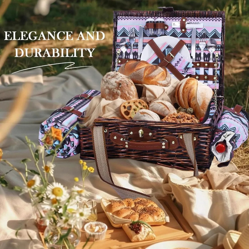 neti neti wicker picnic basket for 2 boho with insulated cooler & waterproof blanket – large willow picnic hamper for outdoor, c