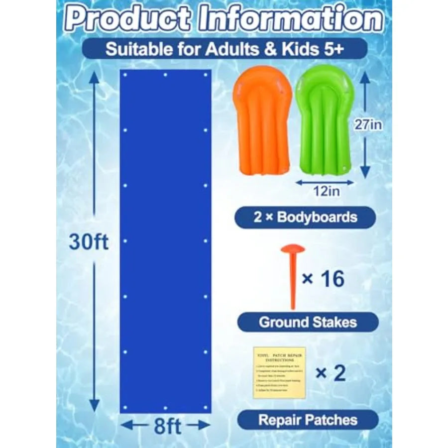 Outdoor backyard water slide for summer fun: 30 x 8 ft extra wide, thick durable slick PVC material, blue and yellow color, inc