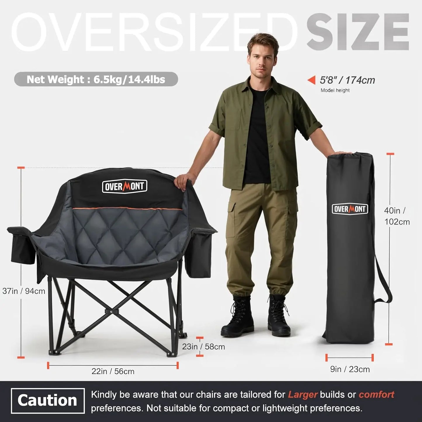 Oversized XL Camping Chair for Adults - 400lbs Heavy-Duty Padded Folding Chair with Cup Holder, Cooling Bag, Side Pocket, for Outdoor Garden Beach Fishing Lawn, Black 2pcs