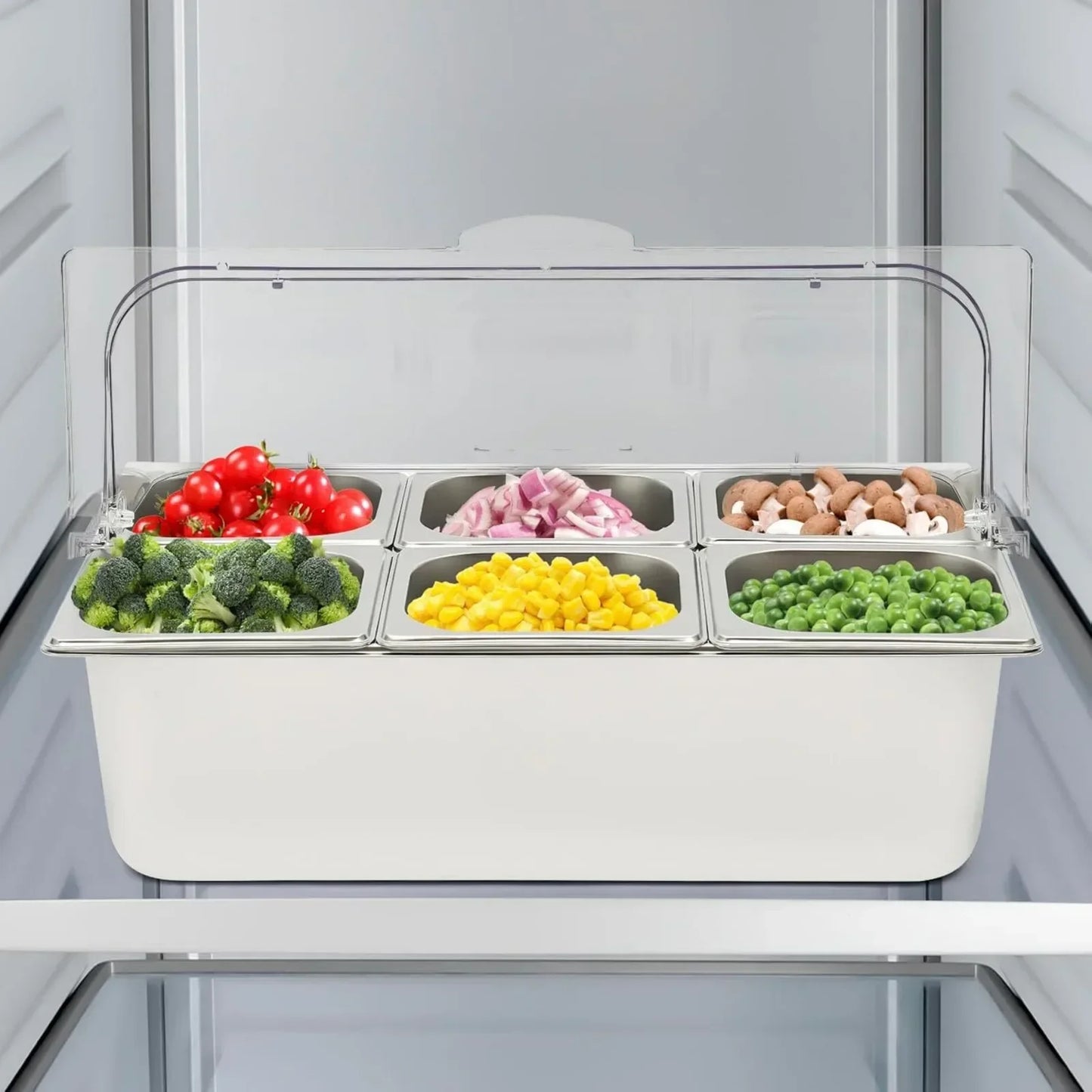 6-grid Stainless Steel Food Display Stand with Lid, Detachable Buffet Serving Plates for Restaurant Cafeteria Kitchen Countertop