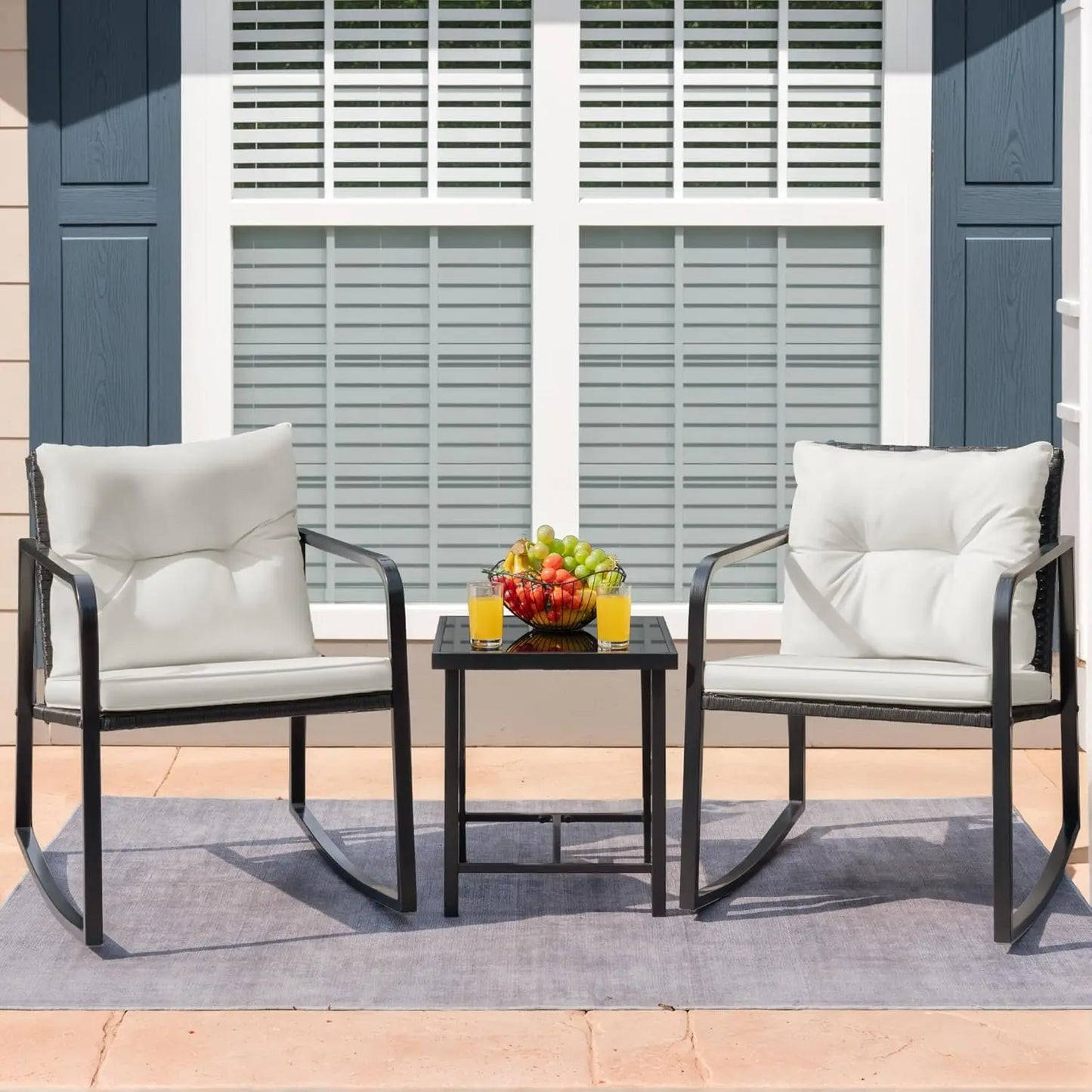 Patio Chairs 3 Piece Wicker Rocking Chair Outdoor Bistro Sets with Coffee Table and Cushions Metal Frame Patio, Customized