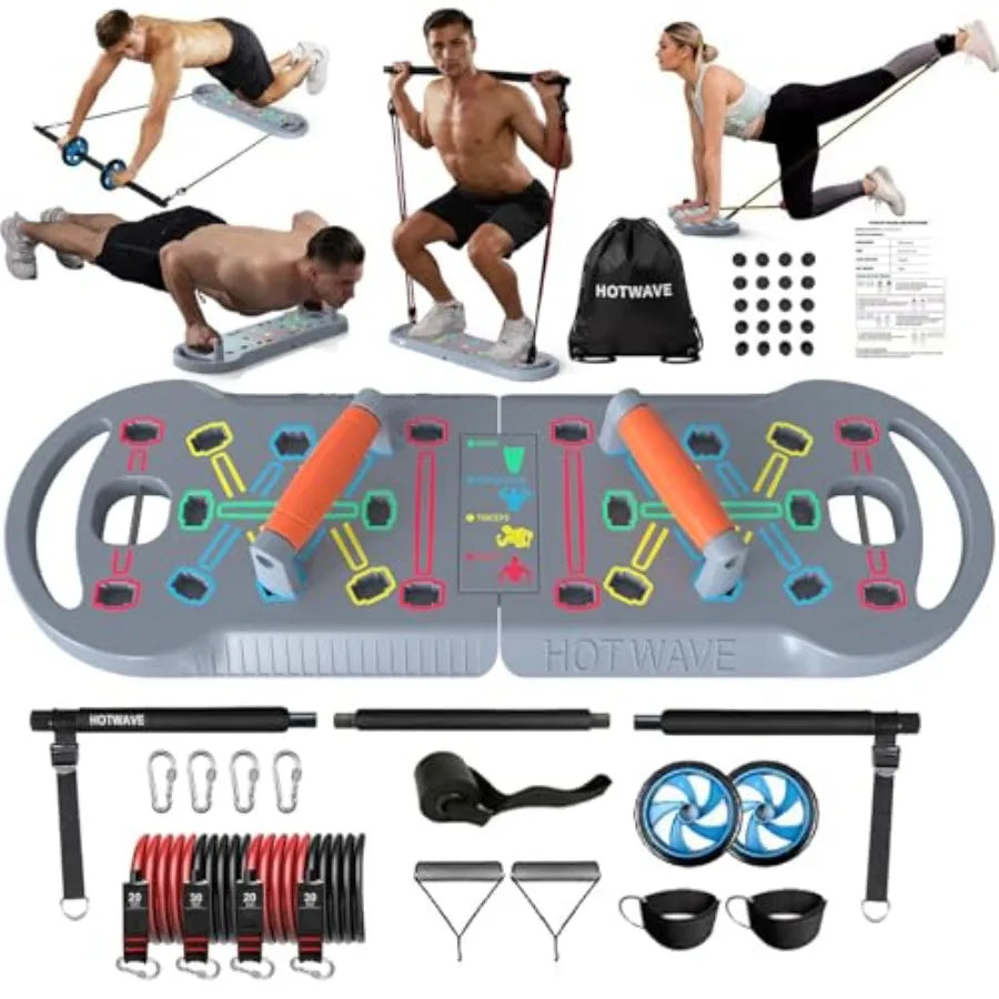 Portable 20-in-1 Home Workout Equipment with Resistance Bands and Ab Roller Wheel for Men Push Up Board with 16 Gym Accessories