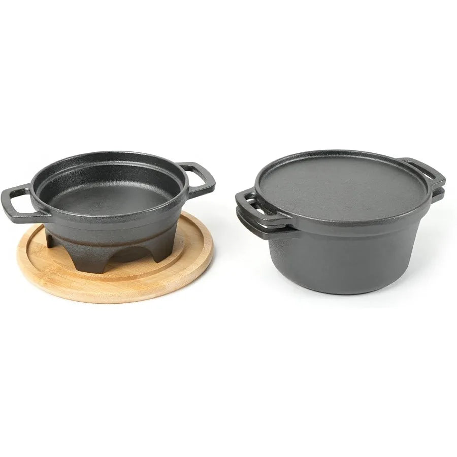 HAWOK 6 Piece Stove Set Potable Cast Iron Charcoal Grill Stove with 1QT Dutch Oven with Multipurpose Lid Five-Leg Buffet Tray M