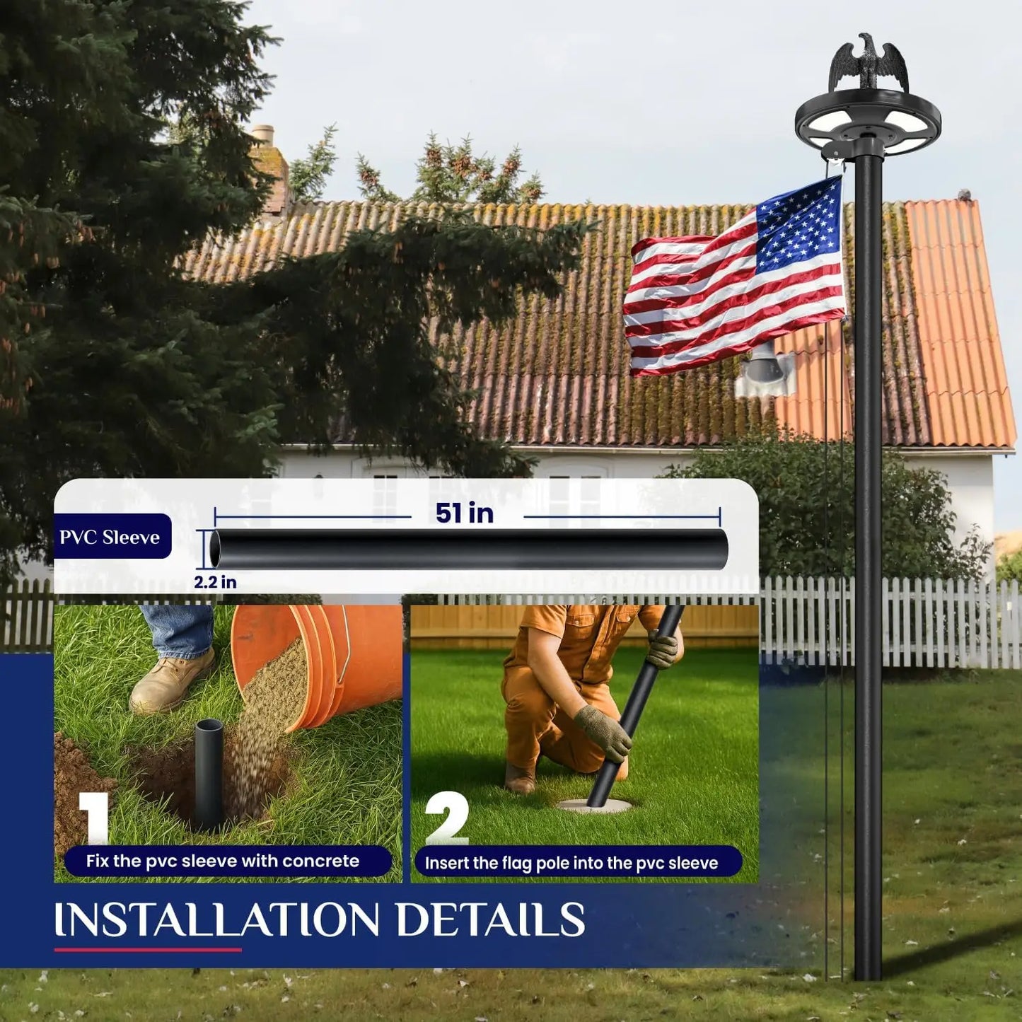 25 FT Heavy Duty Flag Pole with Solar LED Light, Aluminum Flagpole for Outdoor Residential Commercial Use
