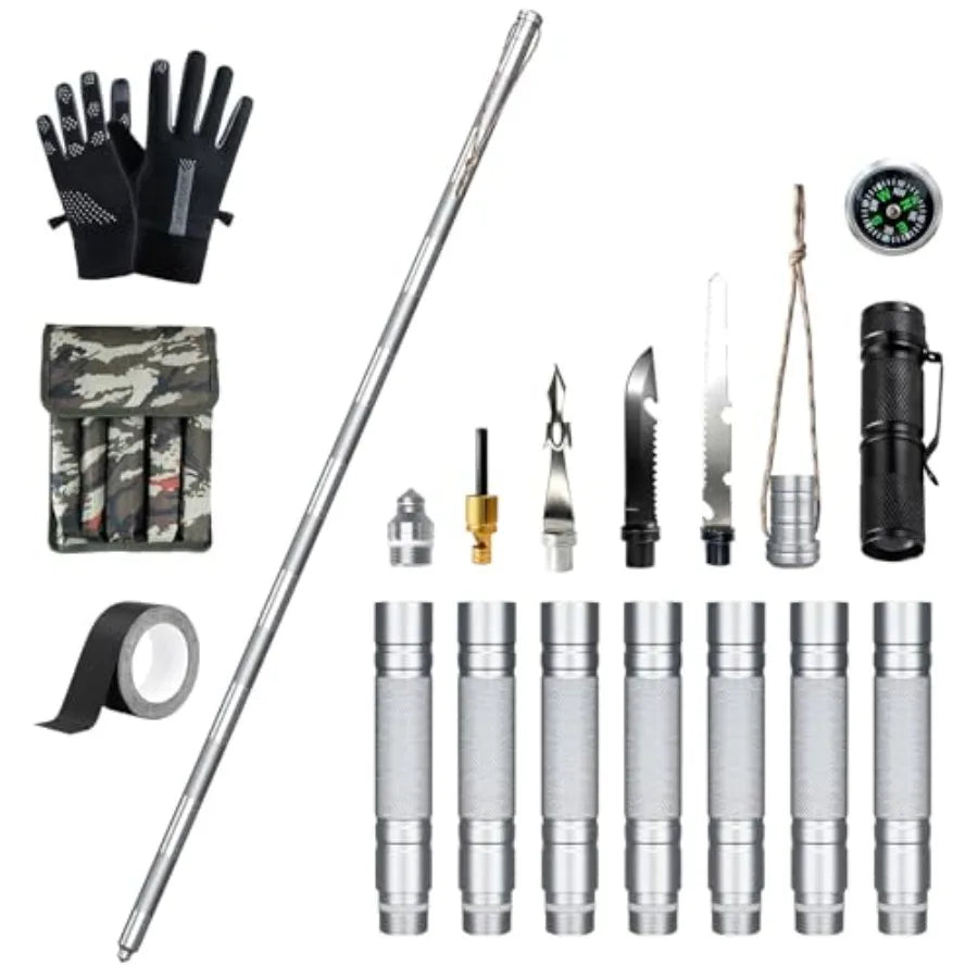 15-in-1 Tactical Walking Stick with Spear and Knife and Flashlight and Thermal Gloves and Anti-Slip Tape Multitool Survival Hik