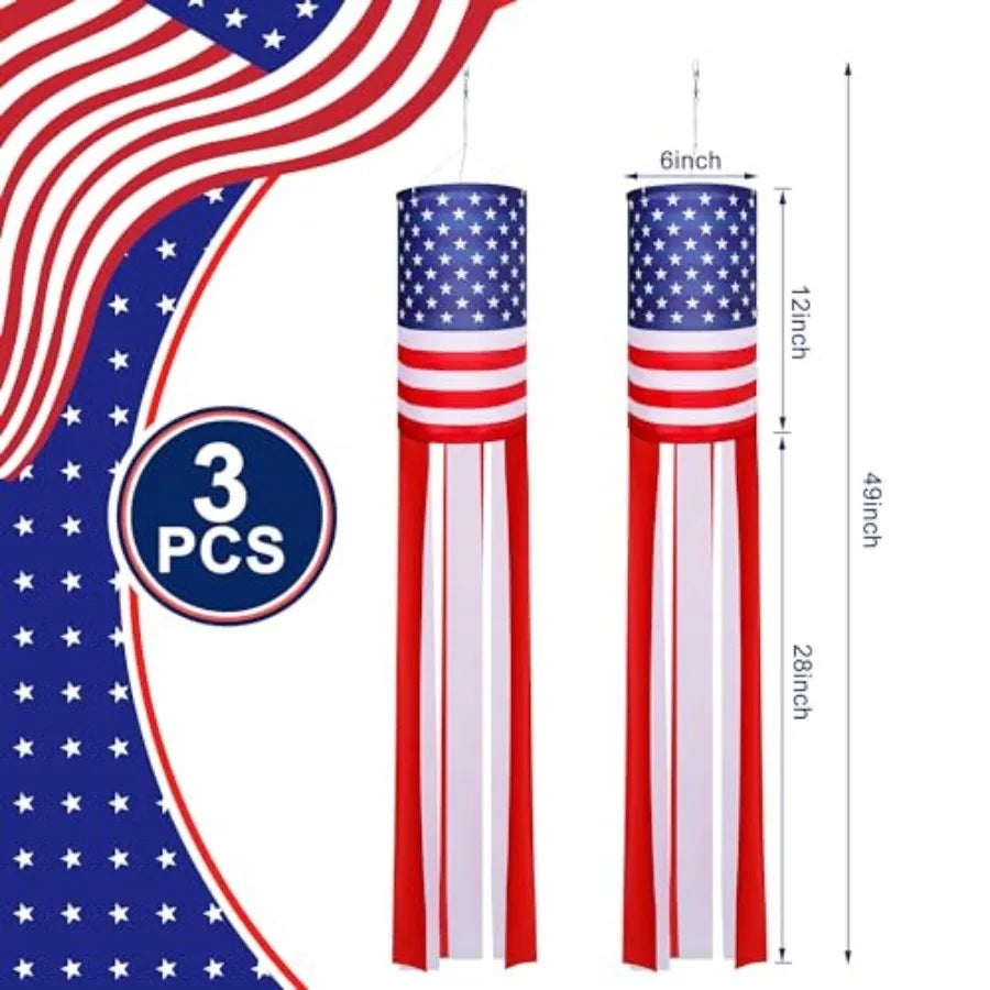 3 Pcs American Flag Windsock, 40 Inch 4th of July Windsock Outdoor Hanging Decoration, Patriotic Stars and Stripes Wind Spinner