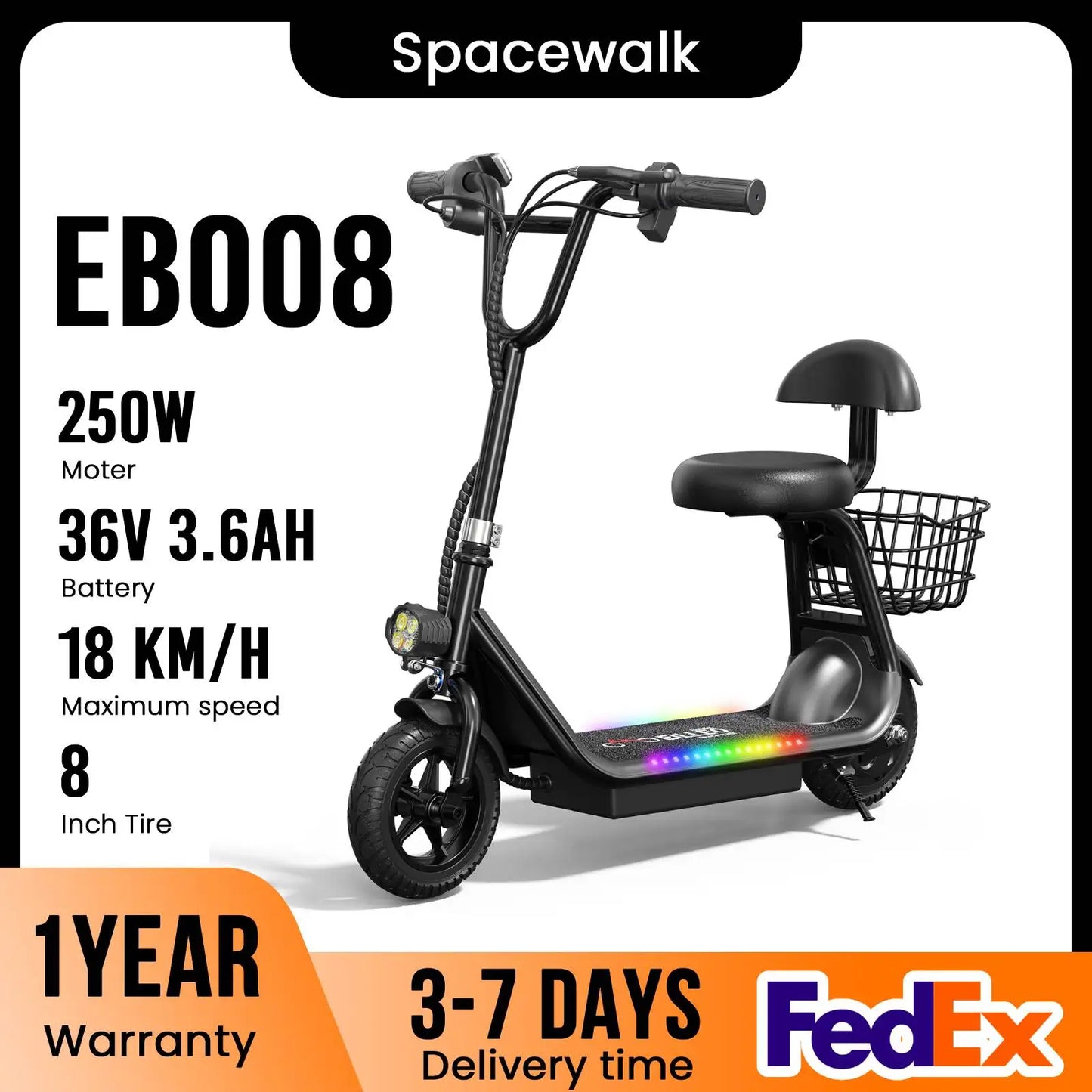 Spacewalk 36V Kids Electric Scooter with Seat,250W Peak Motor,6.2 Miles 11MPH,Foldable Electric Scooter for Kids with 8" Tires