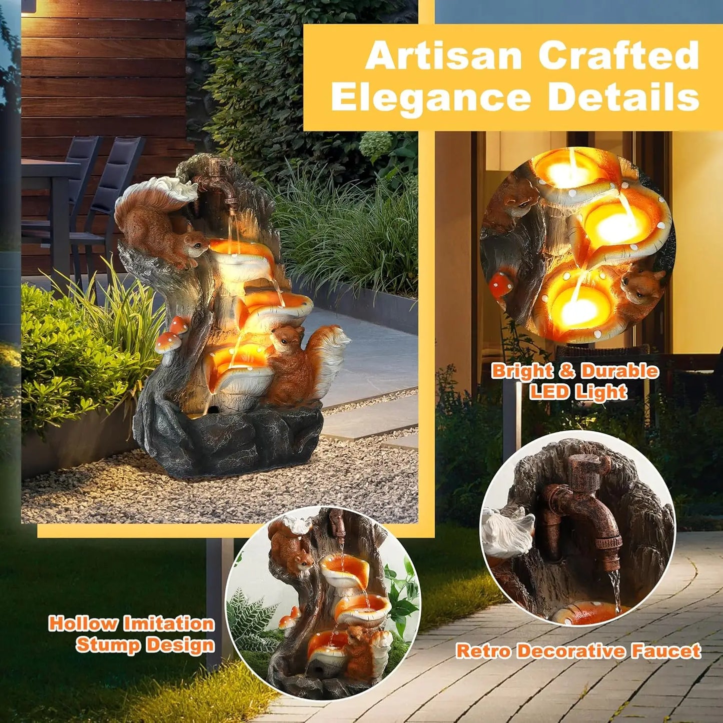 Outdoor Water Fountain, Garden Decor Outside Indoor Waterfall Cascading Rock Fountain with Retro Decorative Faucet