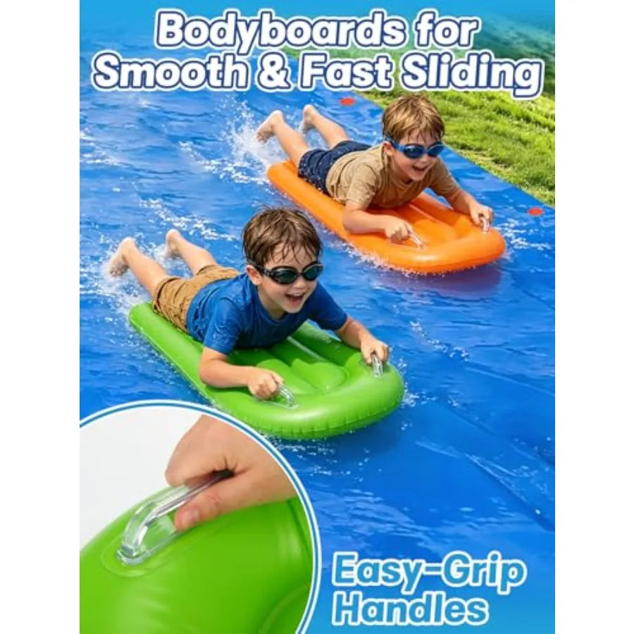 Outdoor backyard water slide for summer fun: 30 x 8 ft extra wide, thick durable slick PVC material, blue and yellow color, inc