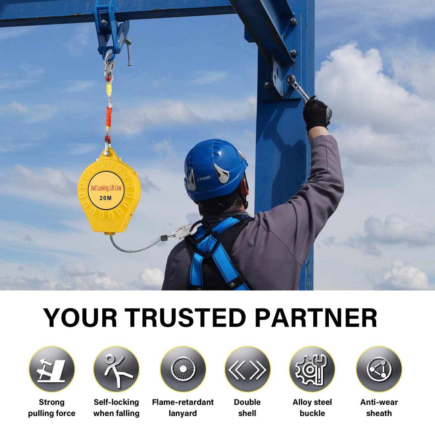 Automatic Retractable Lifeline 65ft/20m, 330lbs Load Fall Protection with Alloy Steel Hook and Nylon Rope for Climbing Safety