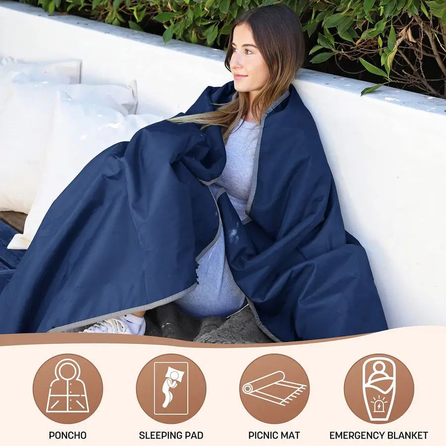 Waterproof Outdoor Blanket with Sherpa Lining, Windproof Triple Layers Warm Comfy Foldable for Camping Stadium, Beach, Picnic, G