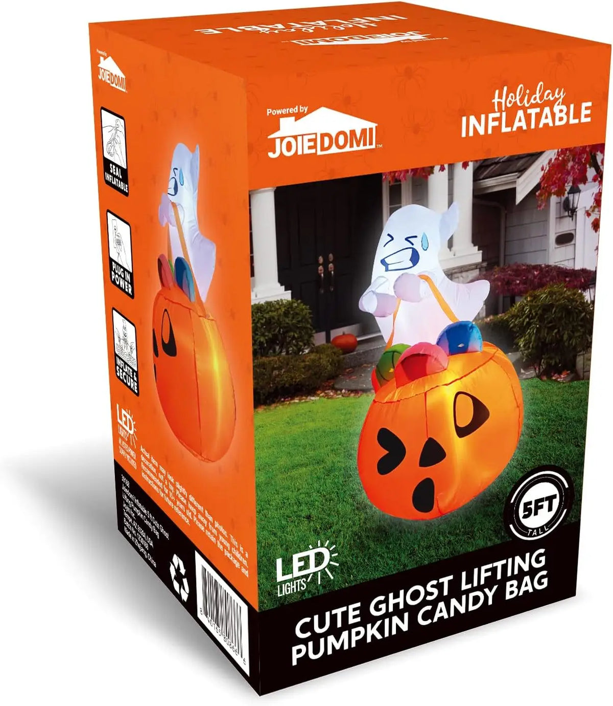 5 FT Tall Halloween Inflatables Outdoor Decorations Cute Ghost Blow Up Ghost Lift Pumpkin Candy Bag with Build-in LEDs For Halloween Gifts