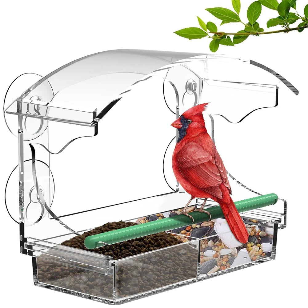Window Bird Feeder Window Bird Bait Box with 4 Suction Cups Acrylic Window Birdhouse with Rod Wild Bird Feeder for Outdoors