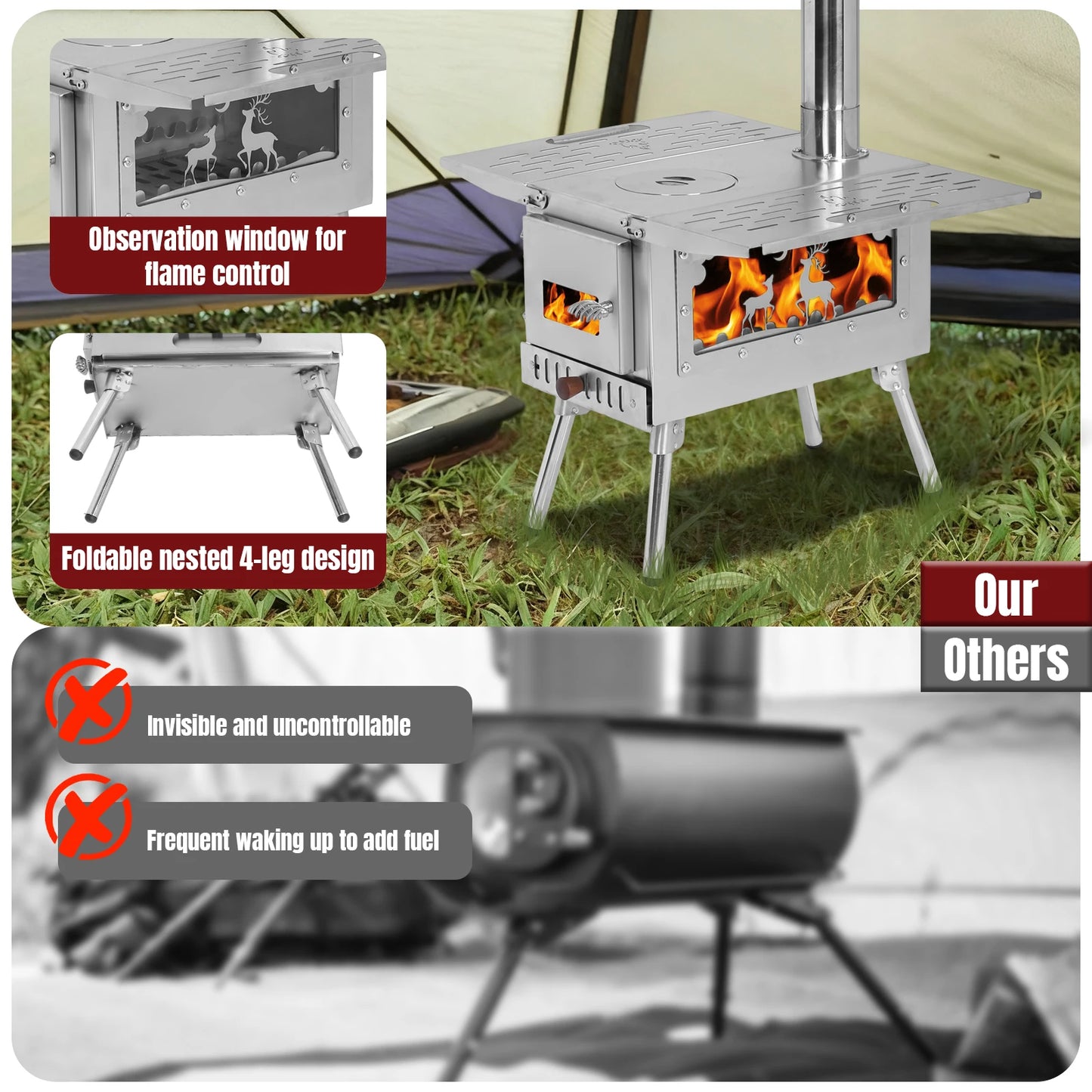 Compact Tent Stove with Stainless Steel Construction Chimney Pipes Included for Outdoor Heating & Cooking Ice Fishing Hunting