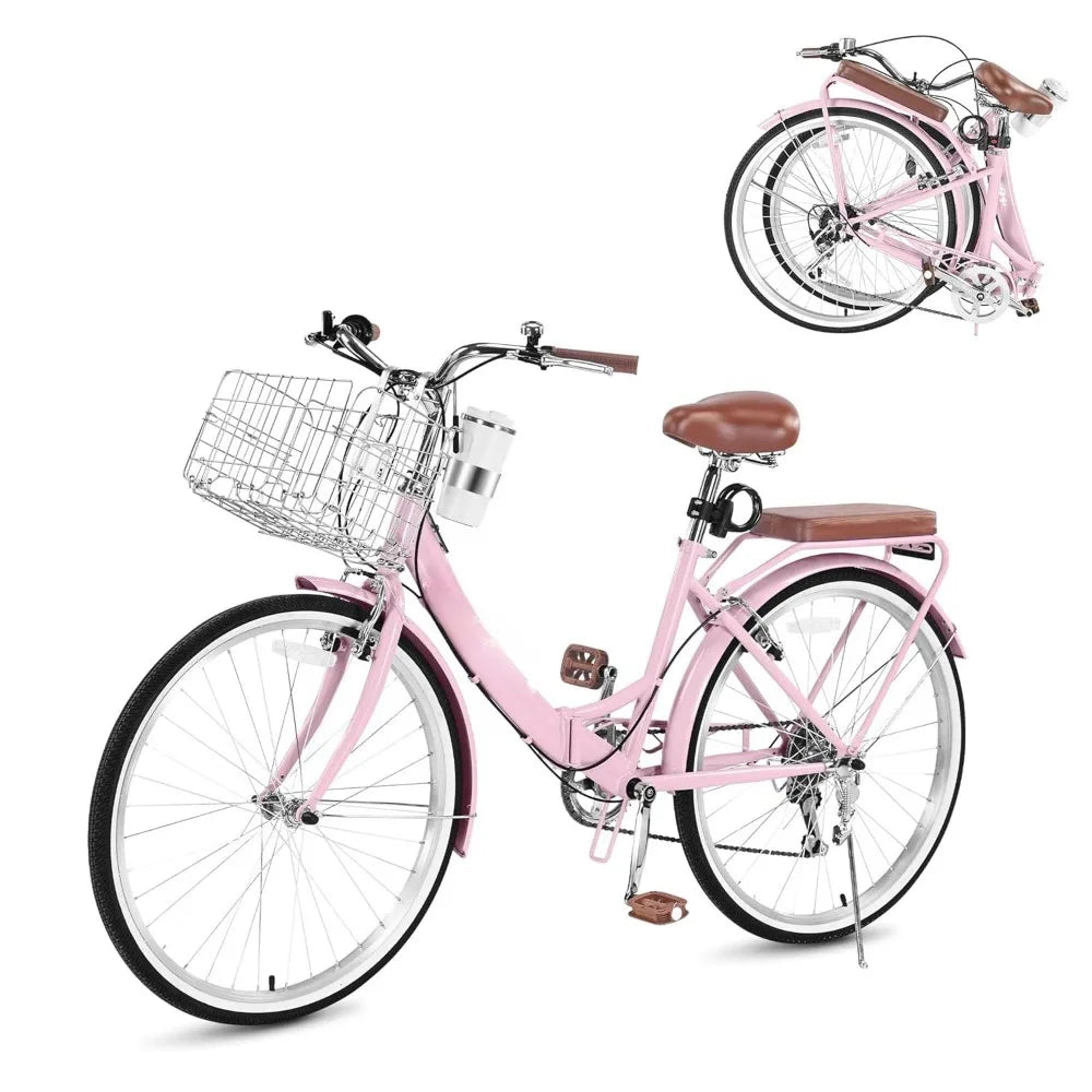 Beach Cruiser Bike for Women Folding Bikes, 7-Speed Womens Bike with Basket and Coffee Cup, Customized