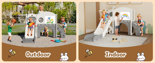 10 in 1 Toddler Slide Playset Indoor & Outdoor Playground for Kids Aged 1-3, Complete with Golf Set, Basketball Hoop, Climbing Frame, Drawing Board and Steering Wheel