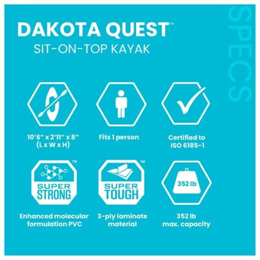 Sit-On-Top Inflatable Kayak Dakota Quest 68245EP Outdoor Recreational Fishing Kayak with Durable PVC Material in Blue for Easy