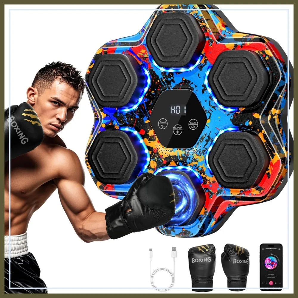 Smart Bluetooth Boxing Machine with Gloves, Wall Mounted Music Punching Trainer for Home Gym, 9 Modes 9 Speeds LED Display