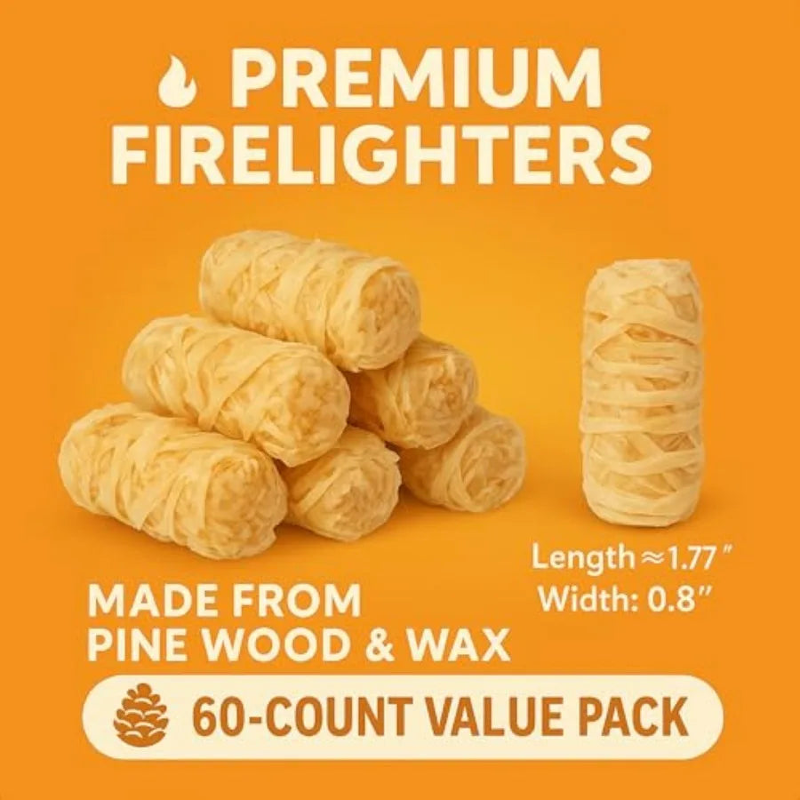 60 pcs Fire Starter Natural Fire Starters for Campfires, BBQ, Fireplace. Pizza Oven - Weather-Resistant, Waterproof, Quick Igni