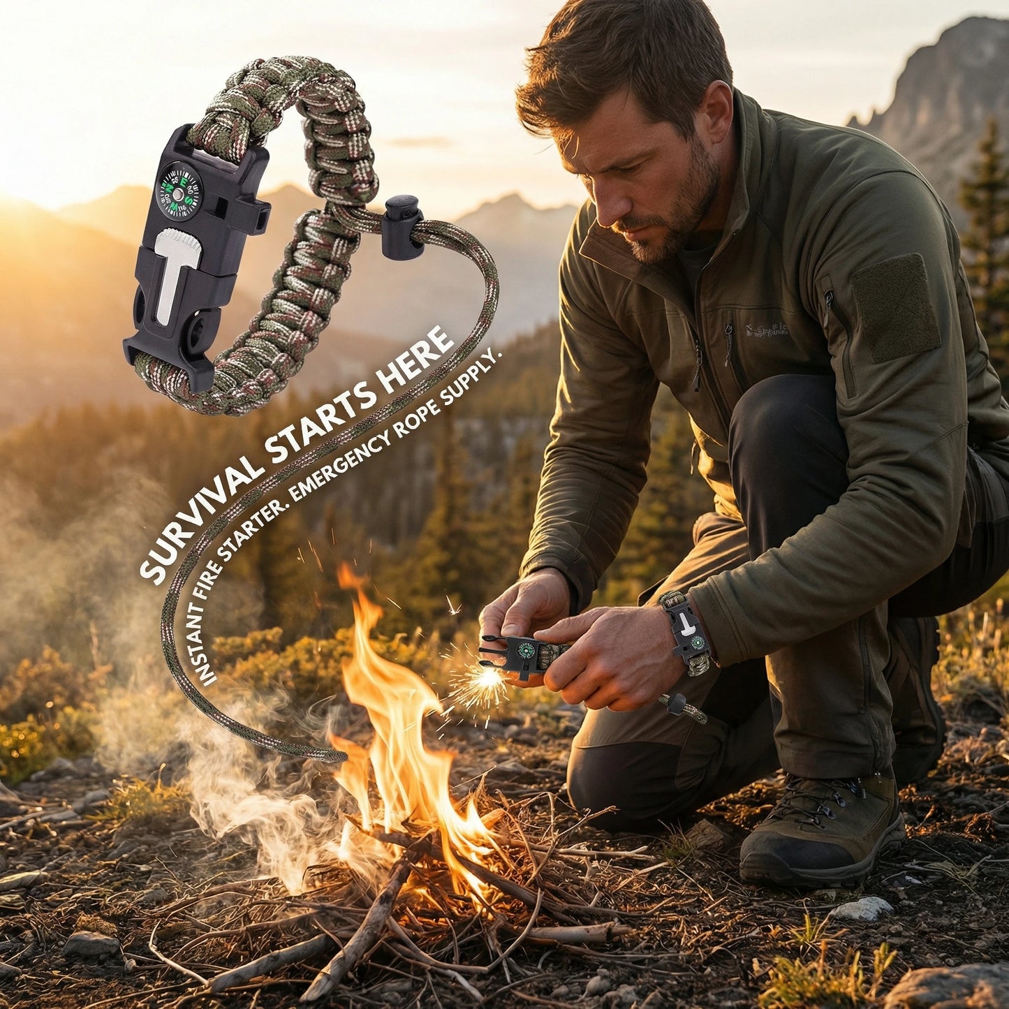 Paracord Bracelets for Men and Women Adjustable Survival Paracord Bracelet with 11.8 ft Nylon Cord, Flint Fire Starter, Camping