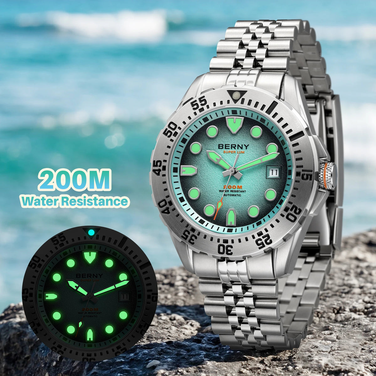 BERNY 20ATM Automatic Diver Watch for Men MIYOTA 8215 Top Accuracy 316L Steel Supper Luminous Sapphire AR Men's Diving Watches