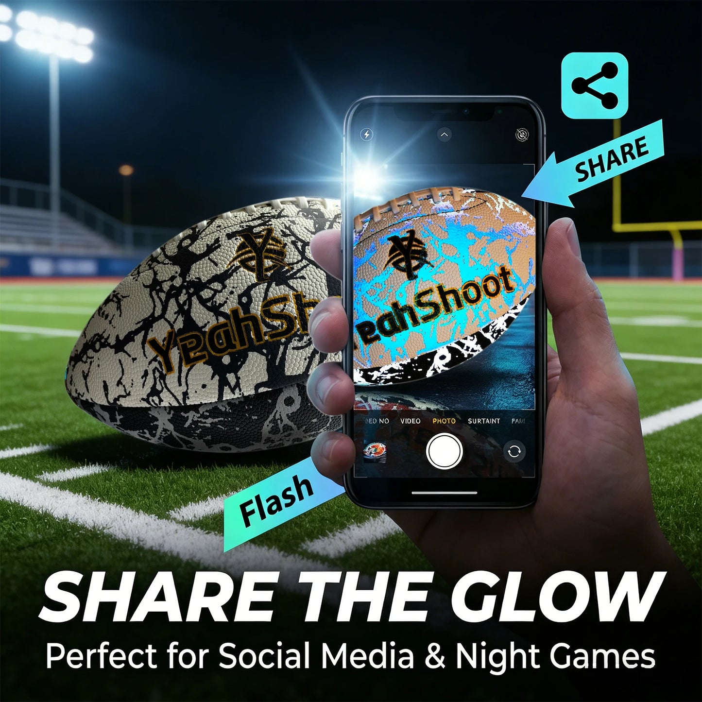 New Holographic Reflective Football Size 9-Glow in The Dark Premium American Football with Stunning Luminous Rugby Durable Grip