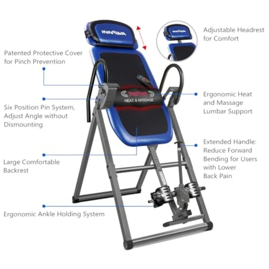 INNOVA HEALTH AND FITNESS ITM4800 Advanced Heat and Massage Inversion Table Black Blue Gray for Home Use Durable Material with