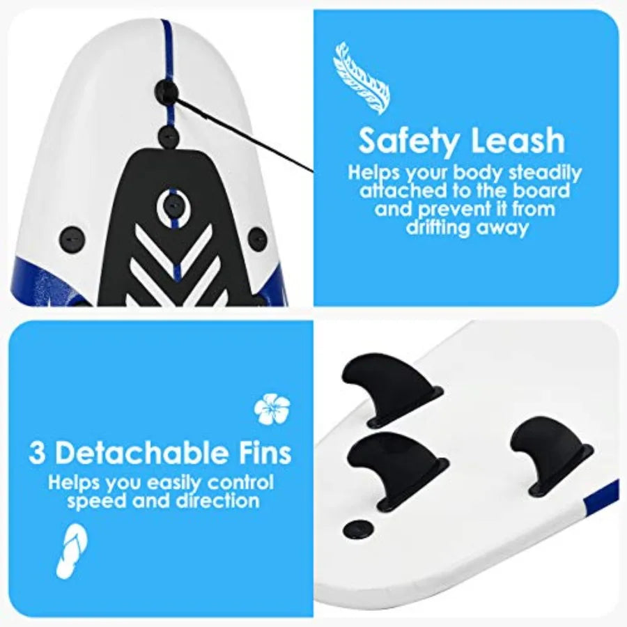 6 Ft Stand Up Surfing Board with 3 Detachable Fins Safety Leash Non-Slip Lightweight Foam for Teenager Adults Blue