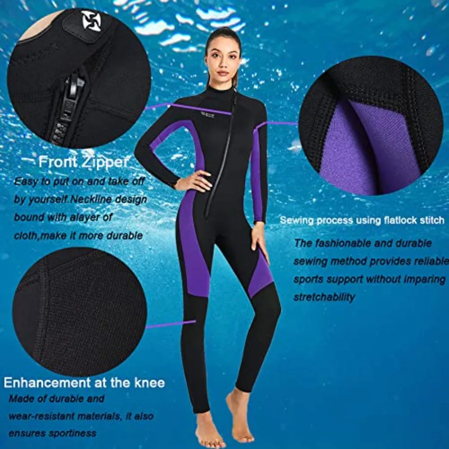 Wet Suits for Women Men Full Body 3MM Neoprene Wetsuit in Black/Blue, Cold Water Diving Suit with Long Sleeves Front Zip, Therm