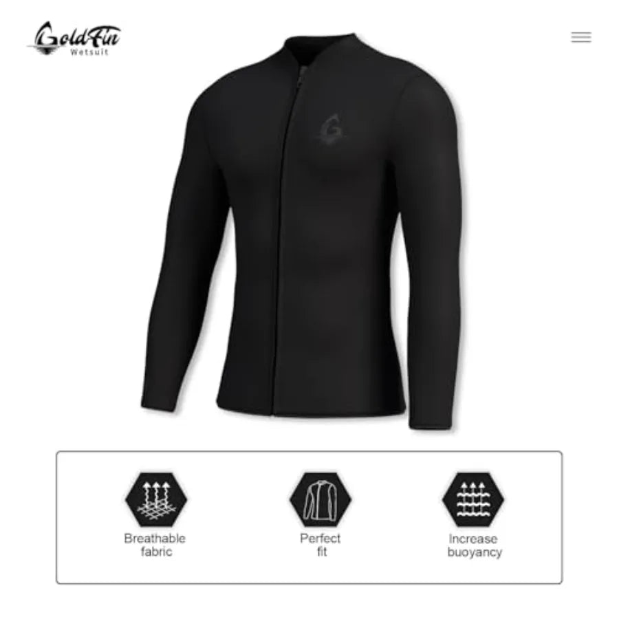 Men's water sports wetsuit top in black neoprene, 3mm thickness for diving, surfing, kayaking, and swimminglightweight, flexibl