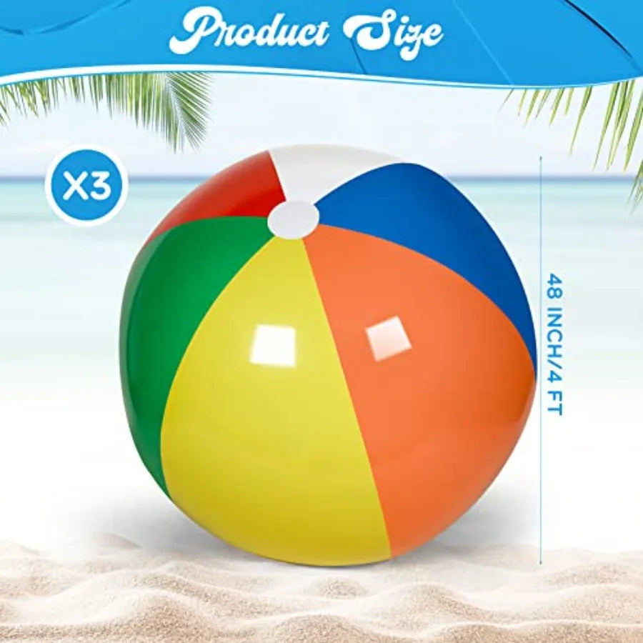 3 Pcs 48 Inch Giant Beach Balls for Summer Party Rainbow-Colored PVC Inflatable Pool Toys with Extra-Durable Material