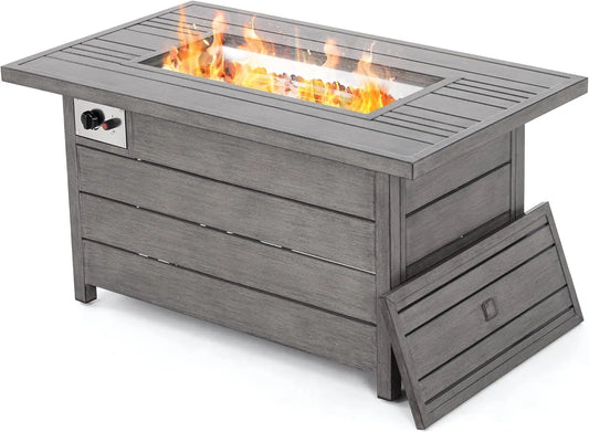 48inch 50000 BTU Gas Fire Pit with Aluminum Slats Table Top, Lid, Black Glass Rock, Aluminum Fire Table,CSA Safety Certified