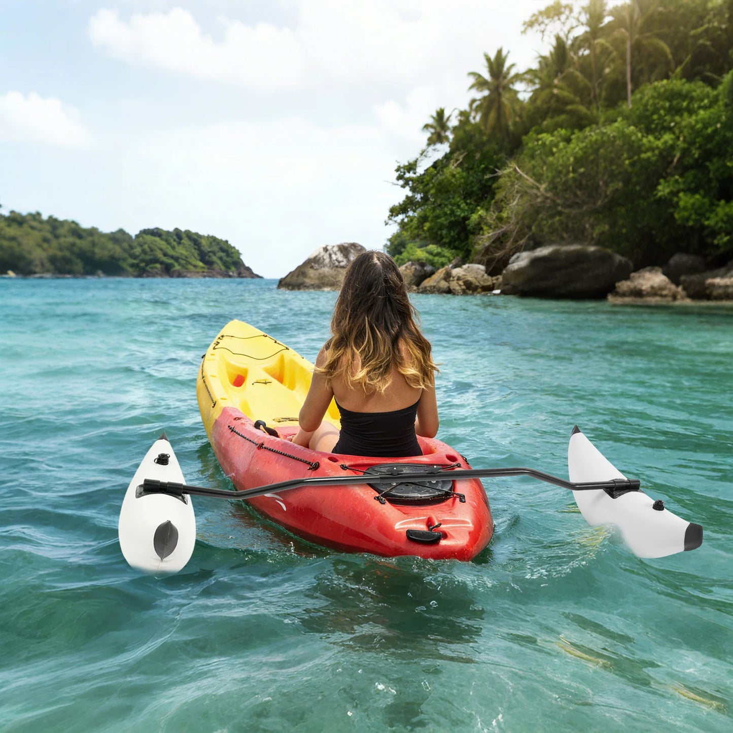 Inflatable Kayak Outrigger Stabilizer Floats Kayak Canoe Buoyancy Floats PVC Float Cylinder with Adjustable Aluminum Alloy Rods Dual Valve Float Stabilizer System for Fishing Kayak Canoe Paddling Boat Balance