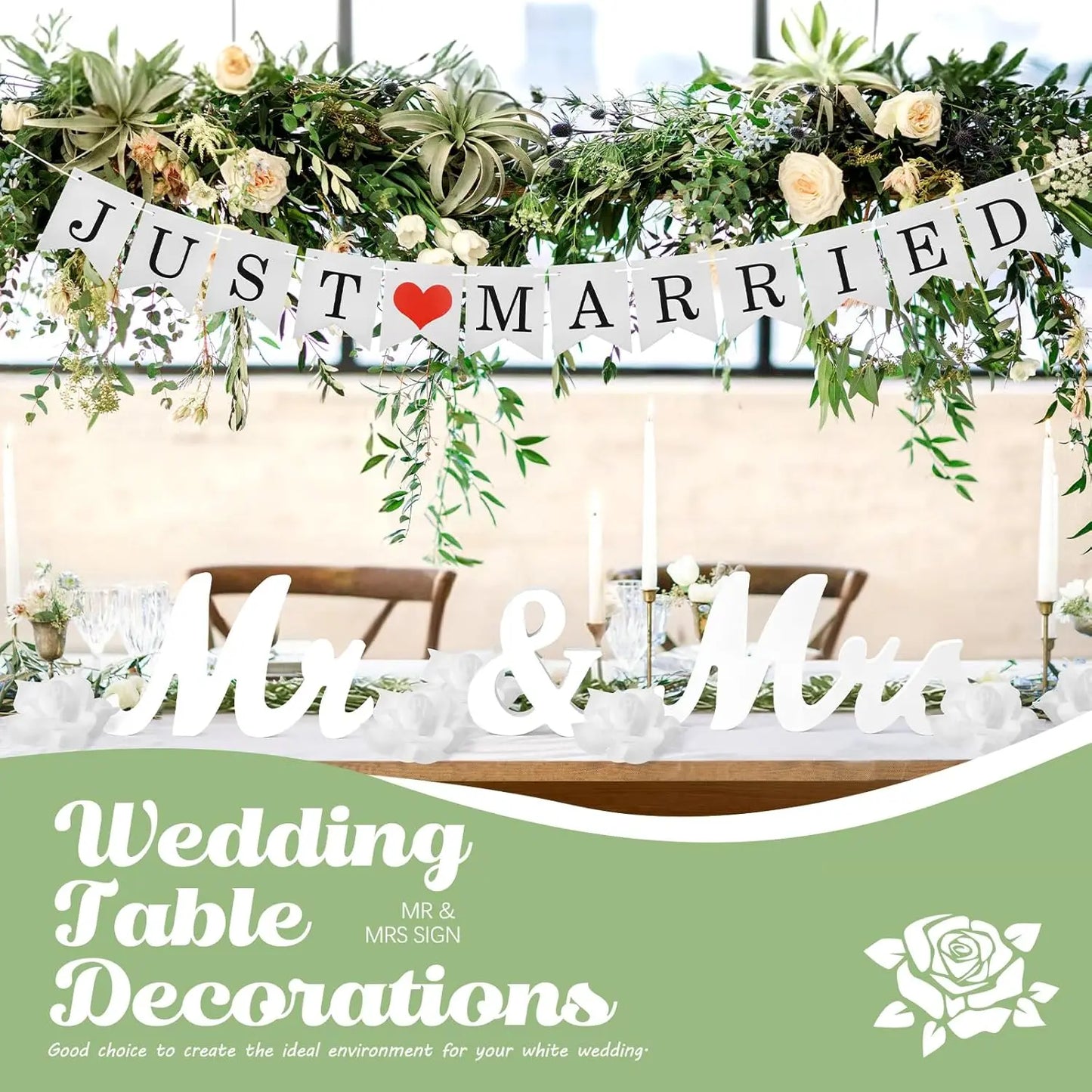 Mr and Mrs Sign for Wedding Party Table, Wedding Decorations for Reception (White with Banner) (White)