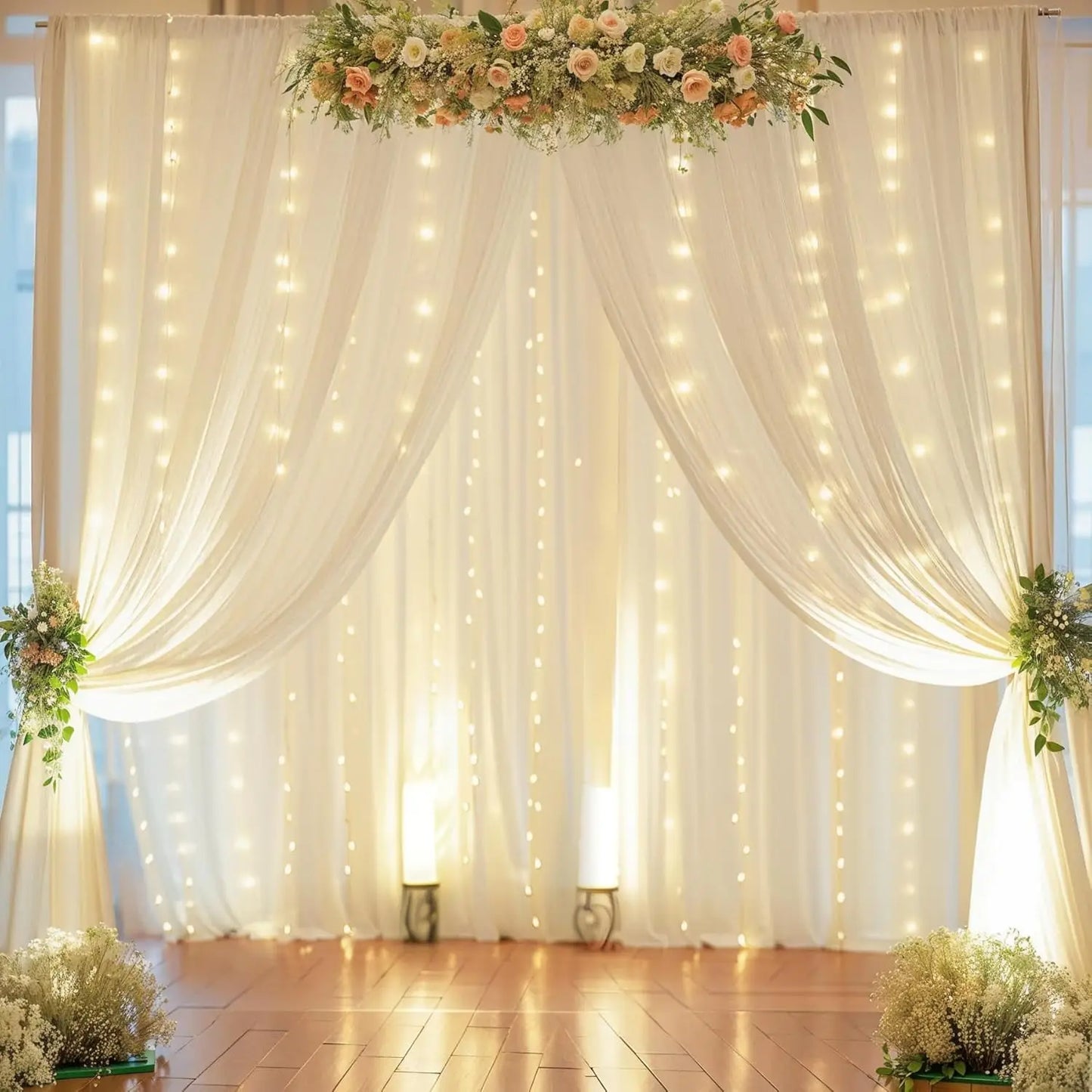 10 Panels-5ft x 10ft Ivory Chiffon Backdrop Curtain with Lights String for Parites Wedding Wrinkle Free Curtain Photo Backdrops